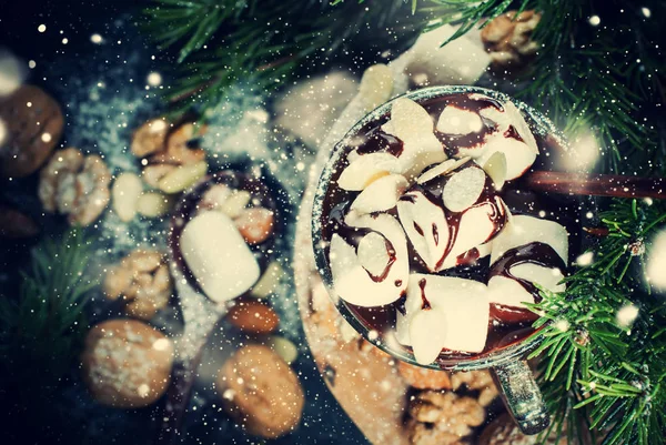 Chocolate de Navidad Hot Marshmallow Nuts Branch árbol de abeto —  Fotos de Stock