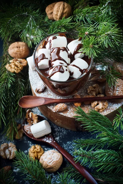 Christmas Cup Hot Chocolate Marshmallows Nuts — Stock Photo, Image