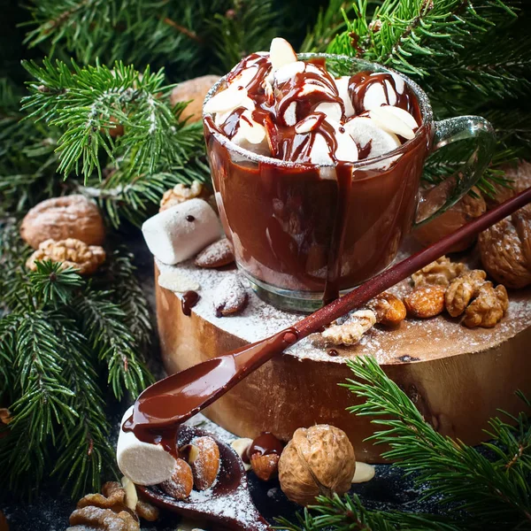 Weihnachtstasse heiße Schokolade Marshmallows Nüsse — Stockfoto
