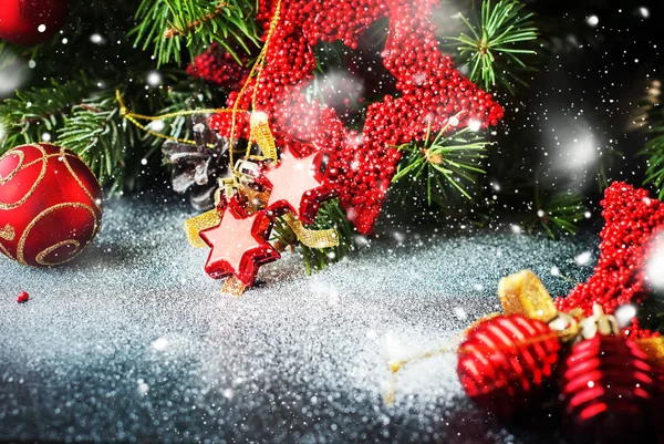 Christmas Composition Red Toys Pine Cones Fir Tree — Stock Photo, Image