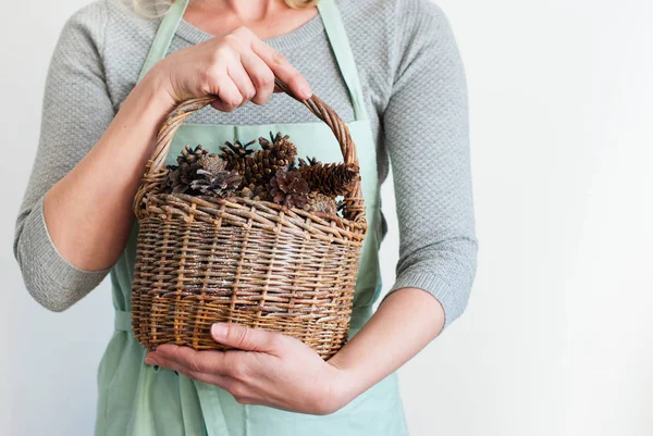 Woman Pastel Clothes Basket Hands Pine Cones — Stock Photo, Image