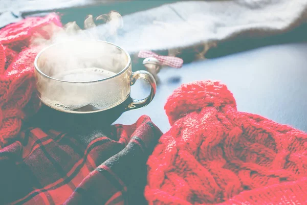 Xícara de chá quente vapor inverno Outono tempo Ano Novo — Fotografia de Stock
