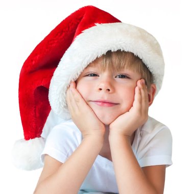 Komik Noel Noel Baba şapkalı çocuk beyaz izole