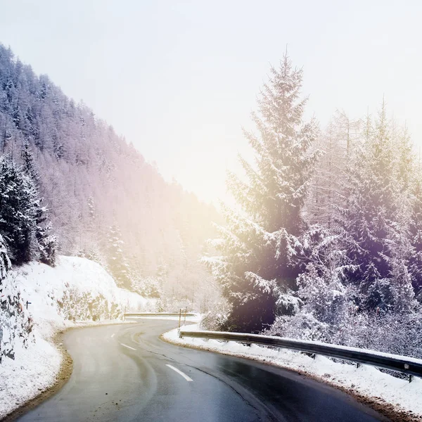 Winter Road Icy Forest Covered Snow Scenic Mountain Austria — Stock Photo, Image