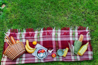 Sepet ayarı gıda meyve kareli ekose piknik çim
