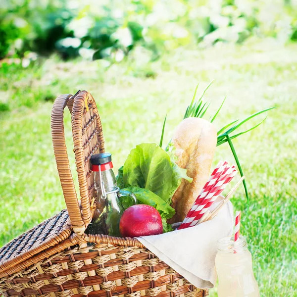 Picnic Wattled Basket Setting Food Drink Summer Time — Stock Photo, Image