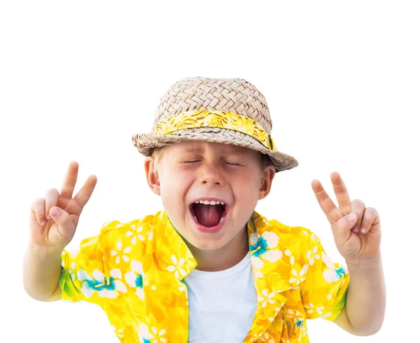 Dziecko kapelusz słomkowy śmiech kamery na białym tle biały — Zdjęcie stockowe