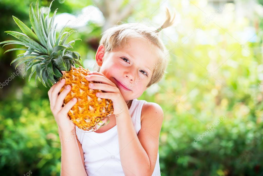 Caucasian Boy Hold Juicy Pineapple Hands Summer