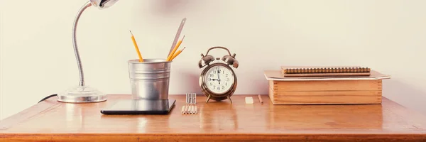 Accessories Wooden Office Desk Alarm Clock Lamp — Stock Photo, Image