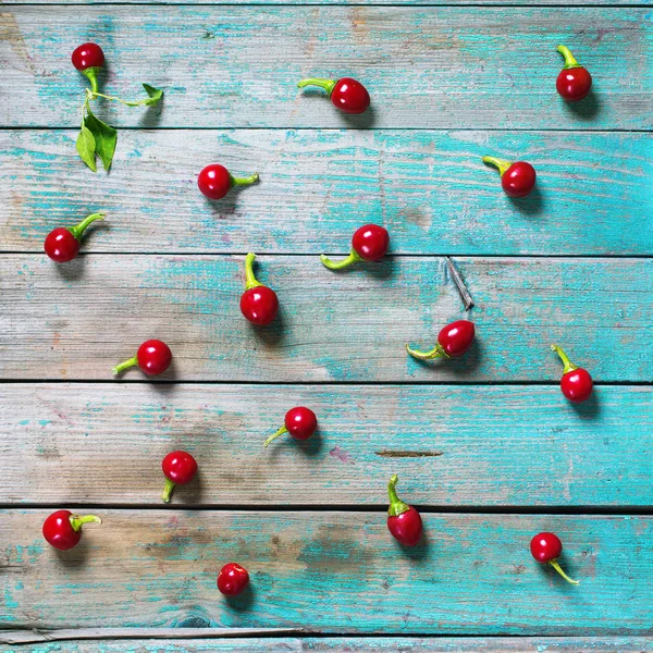 Éparpillé rouge épicé poivrons mensonges fond rustique — Photo