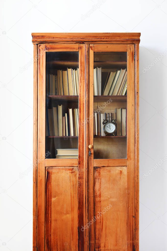 Antique Wooden Case Shelves Full Ancient Books Wall