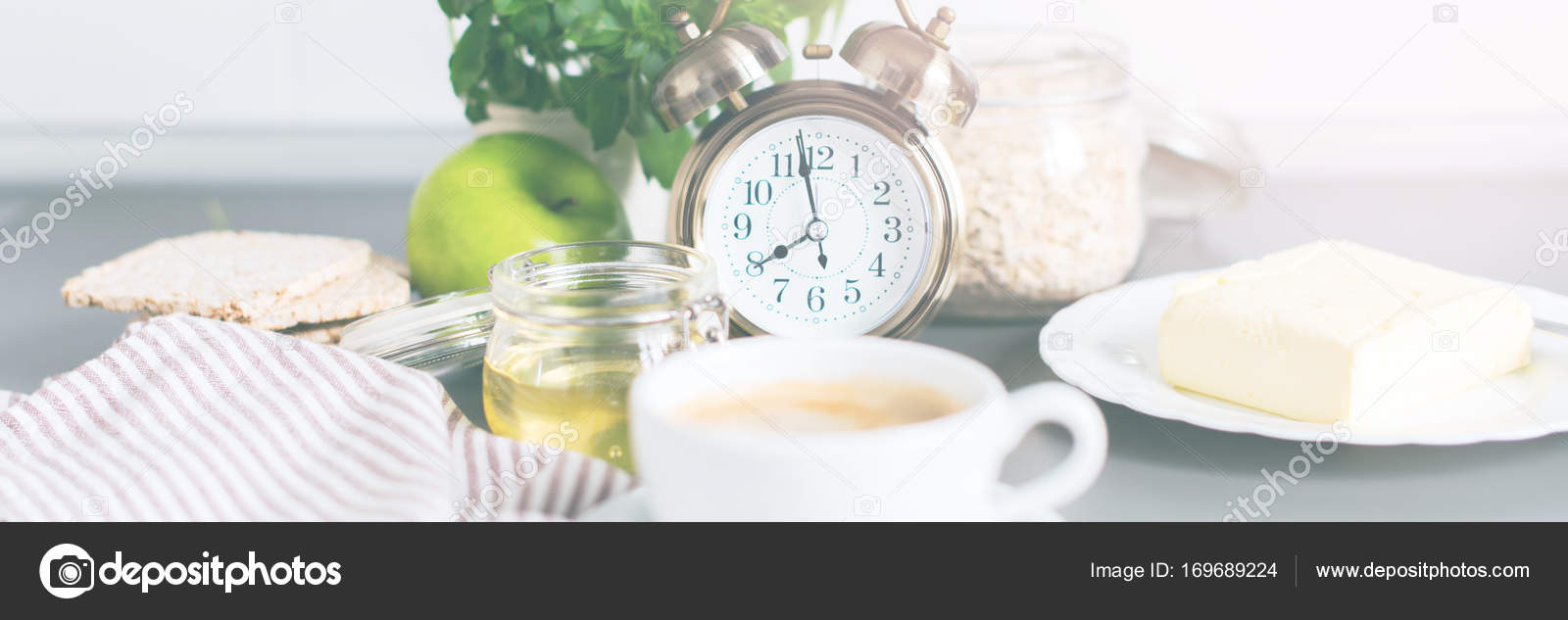 Banner Kitchen Still Life Alarm Clock Coffee Stock Photo