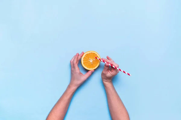 Fresh Juice Fruit Orange Color Blue Flat Lay — Stock Photo, Image