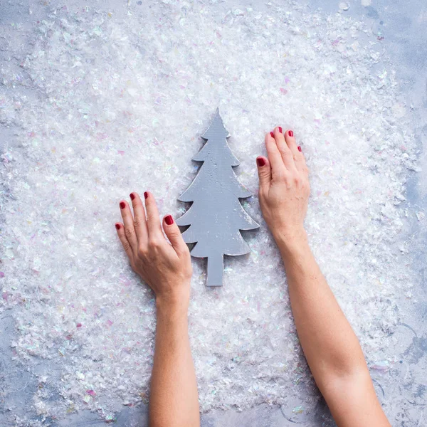 Vintage Weihnachten Spielzeug Tanne Baum Schnee Hintergrund — Stockfoto