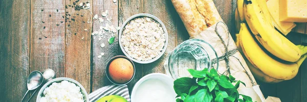 健康食材の朝食オートミール フルーツ バナー — ストック写真