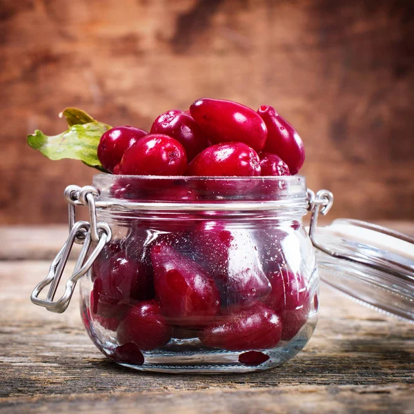 Ripe Cornel Berries Small Jar Autumn Harvest — Stock Photo, Image