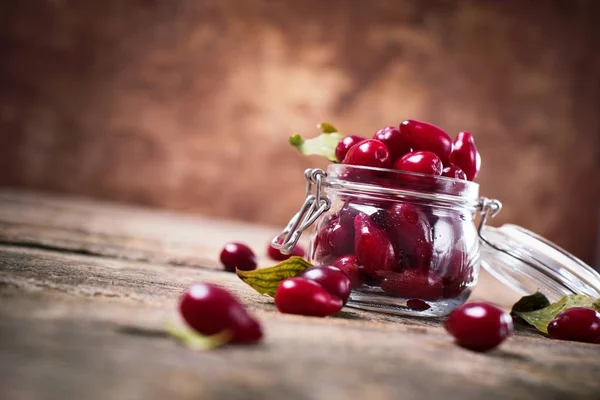 Ripe Cornel Berries Small Jar Autumn Harvest — Stock Photo, Image