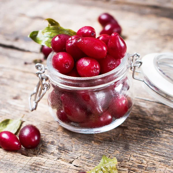 Ripe Cornel Berries Small Jar Autumn Harvest — Stock Photo, Image