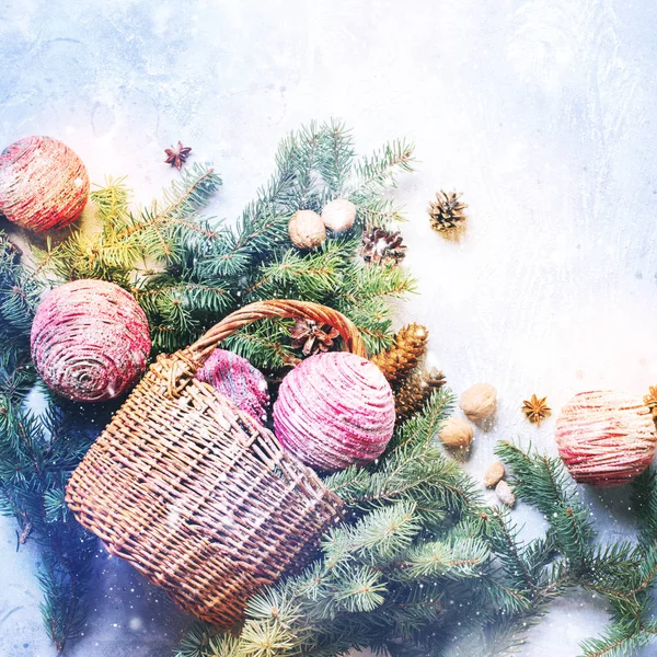 Vintage Christmas Composition Pink Wooden Balls Fir Tree Branches Pine — Stock Photo, Image
