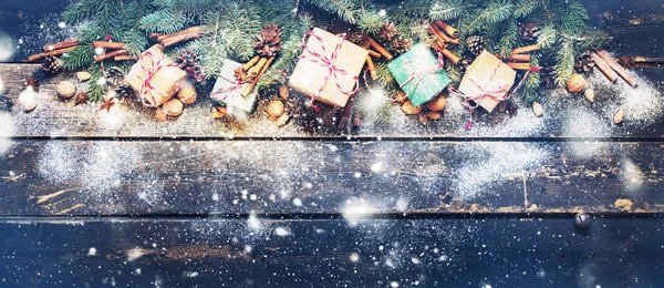 Holiday Banner Boxes Gifts Christmas Natural Fir — Stock Photo, Image