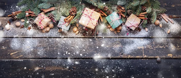 Holiday Banner Boxes Gifts Christmas Natural Fir — Stock Photo, Image