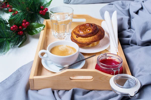 Breakfast Bed Tray Coffee Bun Grey Early Morning — Stock Photo, Image
