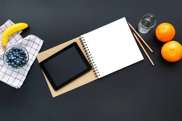 Healthy Breakfast Fruits Notebook Tablet Black — Stock Photo, Image