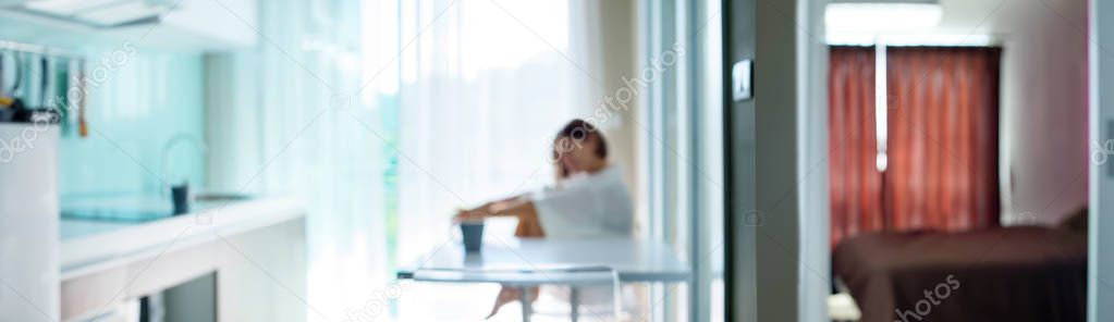 Modern Kitchen Bedroom Apartment Woman Sit