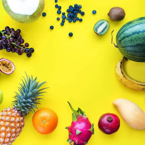 Top View Set Tropical Fruits Yellow Background — Stock Photo, Image