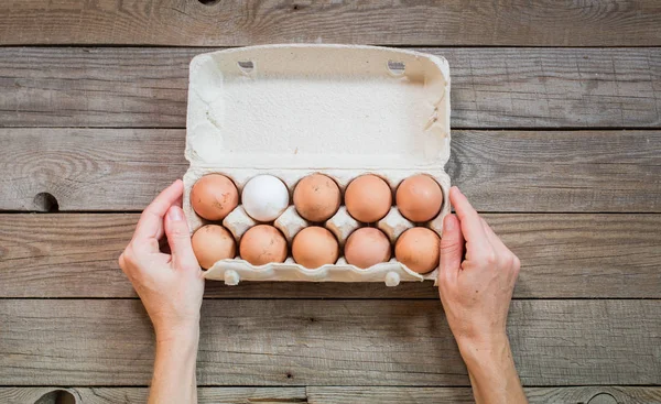 Mãos de mulheres que embalam ovos na caixa vista superior — Fotografia de Stock