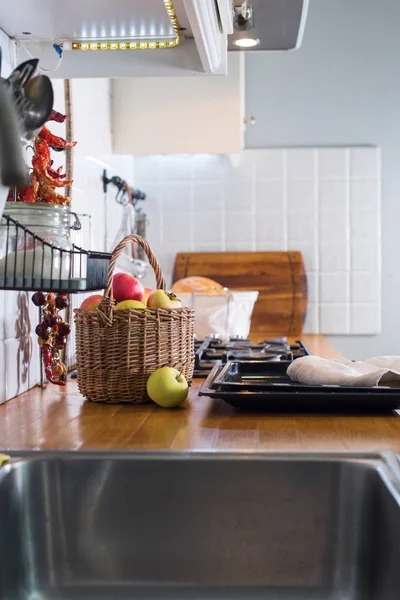 White kitchen interior Grocery product apple basket