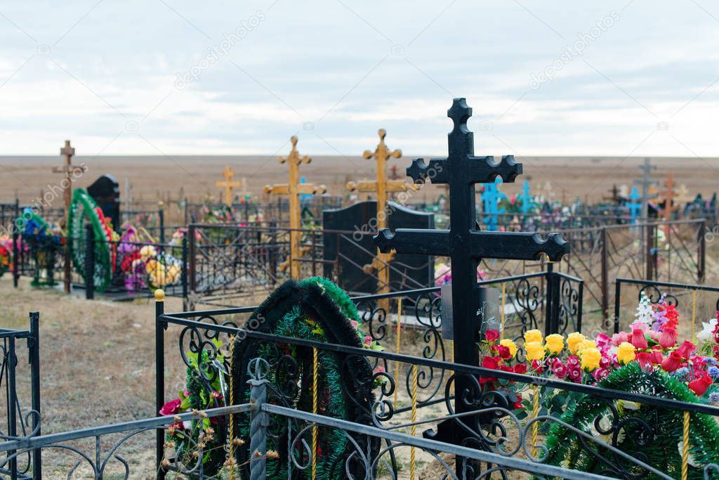 View of small rural cemetery in countryside Russia