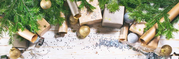Golden silver presents balls boxes sparkles with fir tree — Stock Photo, Image
