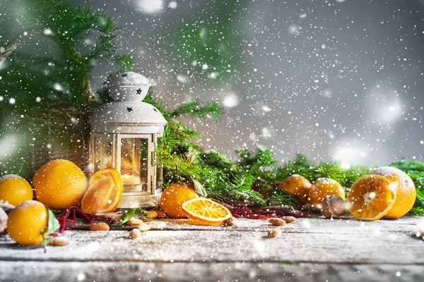 Boże Narodzenie Nowy Rok kompozycja pomarańcze plaid światło — Zdjęcie stockowe