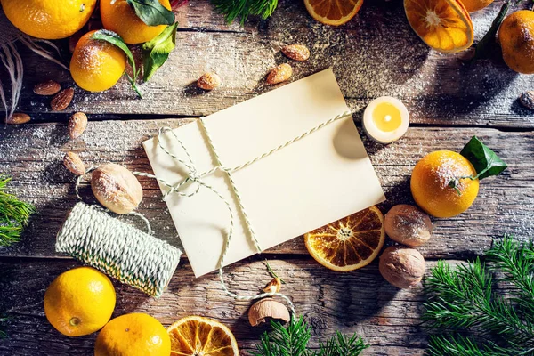 Christmas New Year flat lay composition oranges — Stock Photo, Image