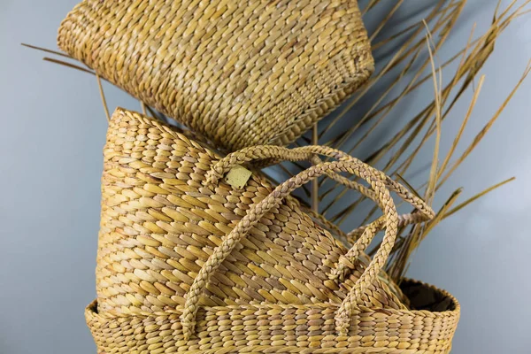 Wattled handmade summer bags. Trendy natural bio — 스톡 사진