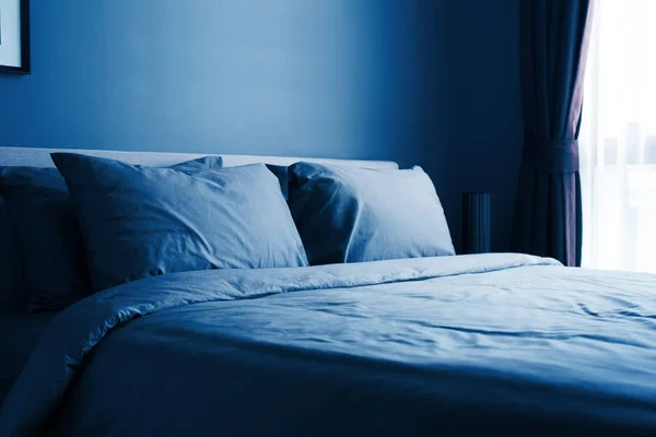 Bed with two pillows. gray bed linen — Stock Photo, Image