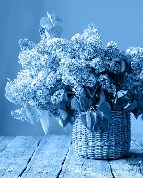 Bouquet of Lilac in the Basket, rural composition — Stock Photo, Image