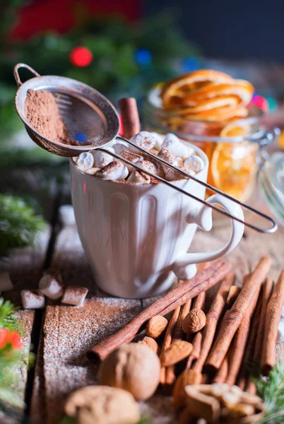 White cup of hot beverage with marshmallows cinnamon — Stock Photo, Image