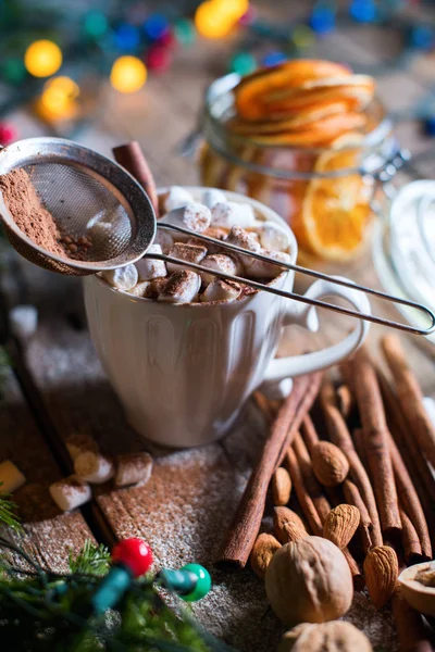 Bílý šálek horkého nápoje se skořicí marshmallows — Stock fotografie