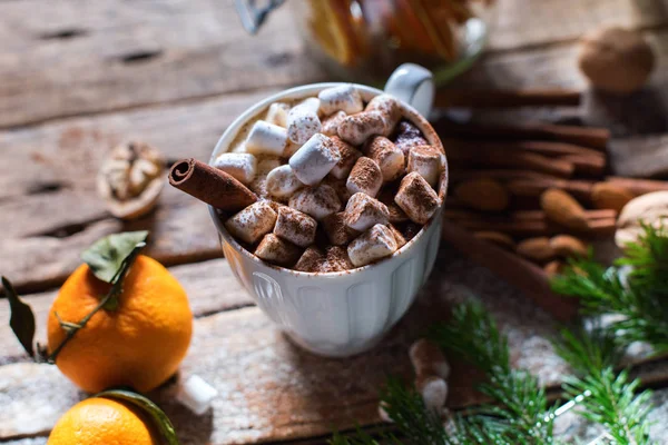 Weiße Tasse Heißgetränk mit Marshmallows-Zimt — Stockfoto