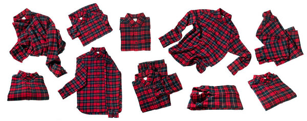 Set of variations of foreshortenings checkered flannel shirt in perspective isolated on white. Textile for wears. Fying and folded objects in air concept