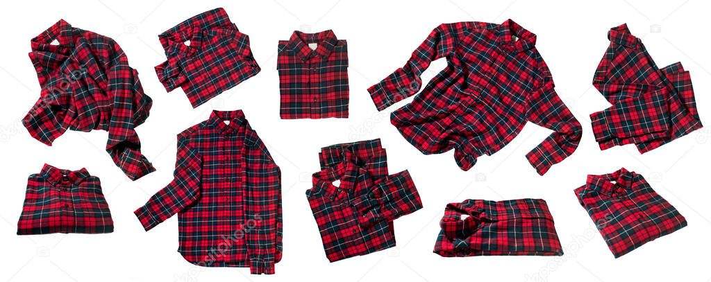Set of variations of foreshortenings checkered flannel shirt in perspective isolated on white. Textile for wears. Fying and folded objects in air concept
