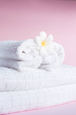 Beyaz havluyla beyaz spa pompadan tropik çiçek. Pembe pastel arka plan