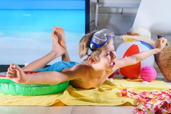 Boy Imitating Oversea Vacation Beach Screen Home Enjoying Funny Beach — Stock Photo, Image
