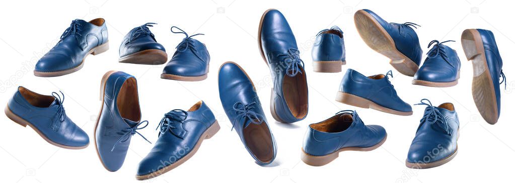 Set of classic dark blue shoes from cow leather with in rubber sole perspective isolated on white background. Flying objects. Concept levitation in air. Variations of left right sides.