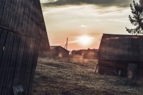 Zonsondergang Hemel Boven Het Veld Avond Rechtenvrije Stockfoto's