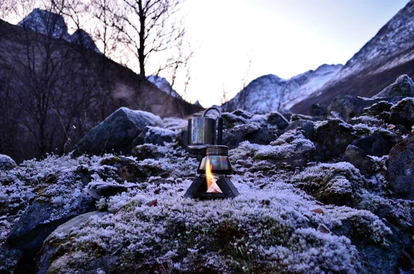 Coffee is always coffee especially high in the mountains on the bank of the river