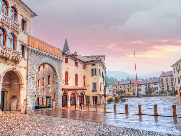 View of the Arch of Piazza Mark Antonio Flaminio in village of Serravalle, Vittorio Veneto — стоковое фото