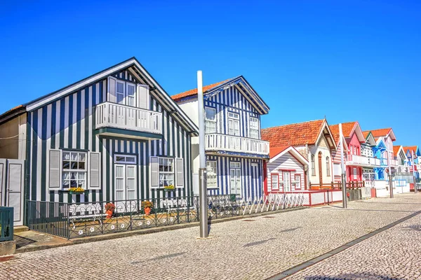Typical houses with colorful stripes in Costa Nova, Aveiro — Stock Photo, Image